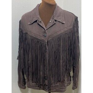 Free People We The Free After Hours Fringe Brown Denim Jacket Size Small